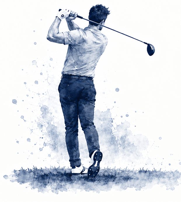 Ilustração em aquarela de um golfista no fim da tacada