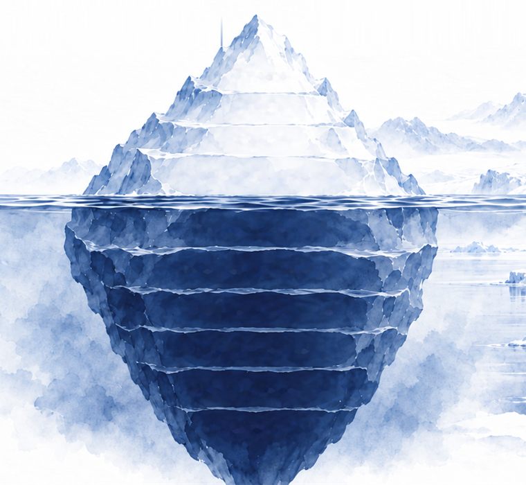 Ilustração de um iceberg: uma parte pequena acima da água e a maior parte submersa